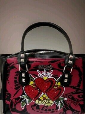 Lunch Tote Ed Hardy Red and Black Heart Trio Satchel with Studded Handles